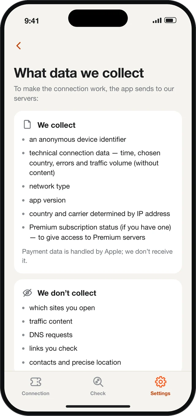 The “What data we collect” screen in the app